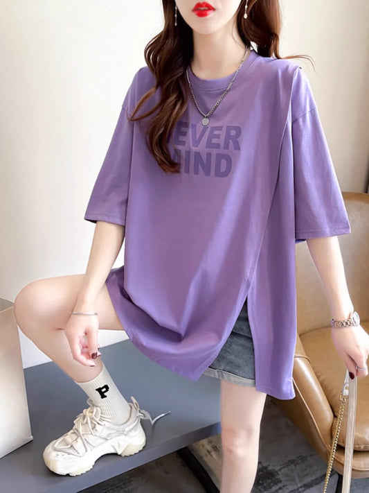 Mid Length Long Length Split Women's Stylish Ins Short-Sleeved T-shirt