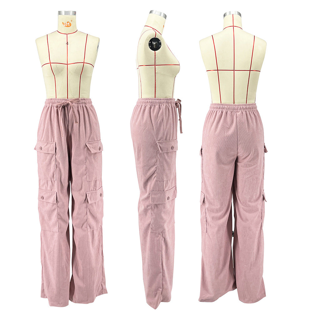 Women Fashion Pocket Side Straight Wide Leg Safari Style Pants 2024 Drawstring Summer Velvet Zipper Fly Cargo Trousers