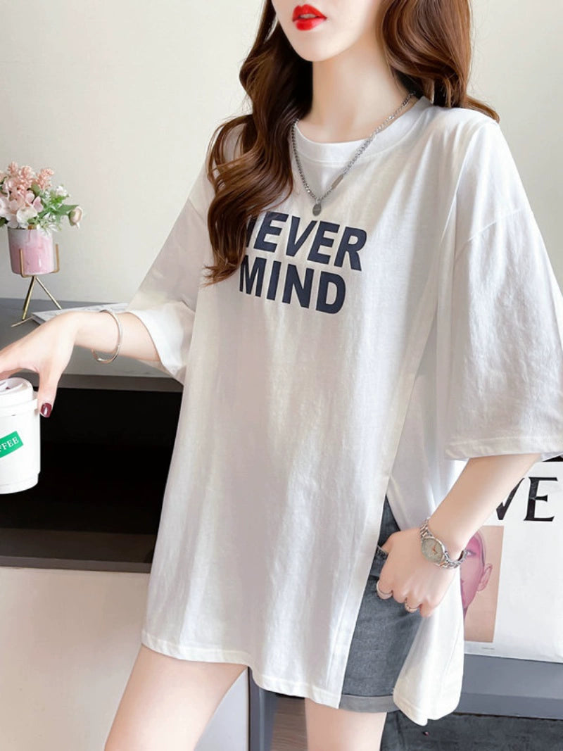 Mid Length Long Length Split Women's Stylish Ins Short-Sleeved T-shirt