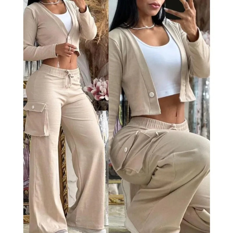 Two Piece Solid Slim Suit long Sleeve Single Button V-neck Short Coat Drawstring Mid Waist Pocket Wide-Leg Pants Suit