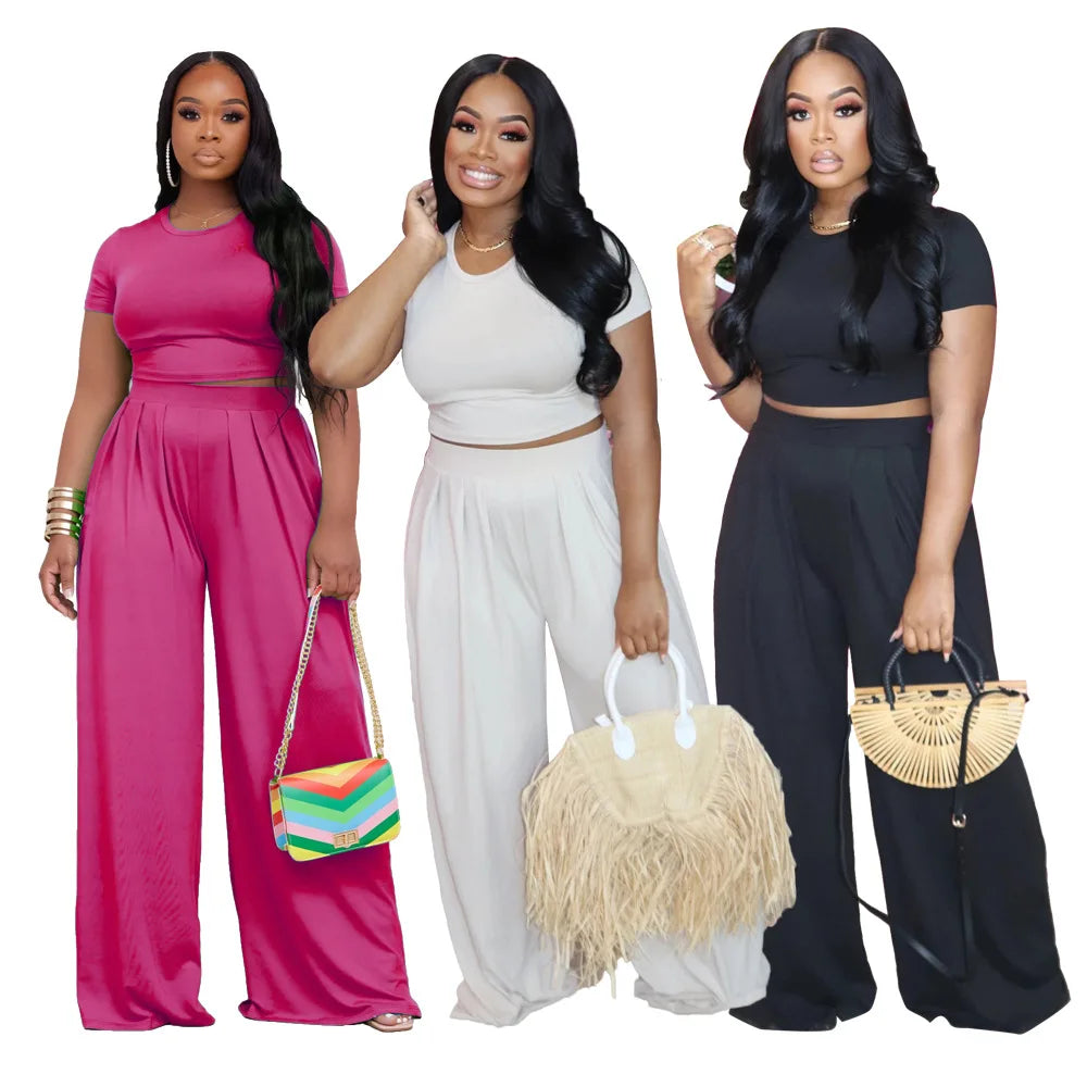 2 Piece Set African Clothes Women Crop Tops Wide Leg Pants Suit Summer New Solid Streetwear Solid Tracksuit Set African Outfits