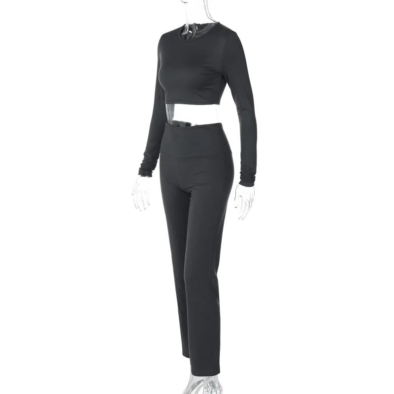 Haw thaw Women 2024 Autumn Long Sleeve Crop Tops Long Pants Two Piece Matching Sets Outfits Streetwear Wholesale Items