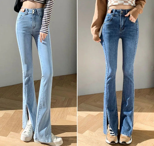 Skinny Hight Waist Split Flare Jeans Korean Streetwear Casual Stretch Denim Pants Woman Oversize 4xl Bell Bottom