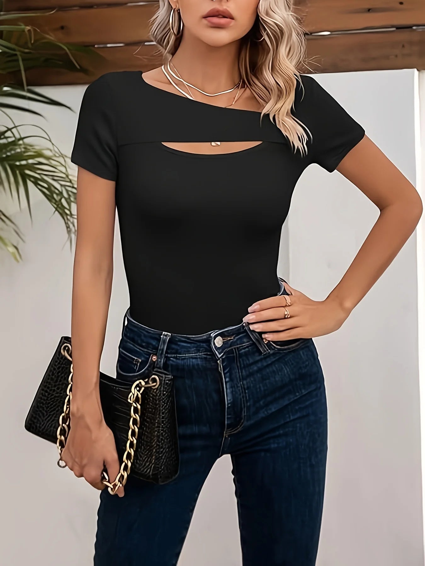 Womens Fashion One Piece Cutout Tops Short Sleeve Ribbed Slim Fitted Shirts tee T-shirts