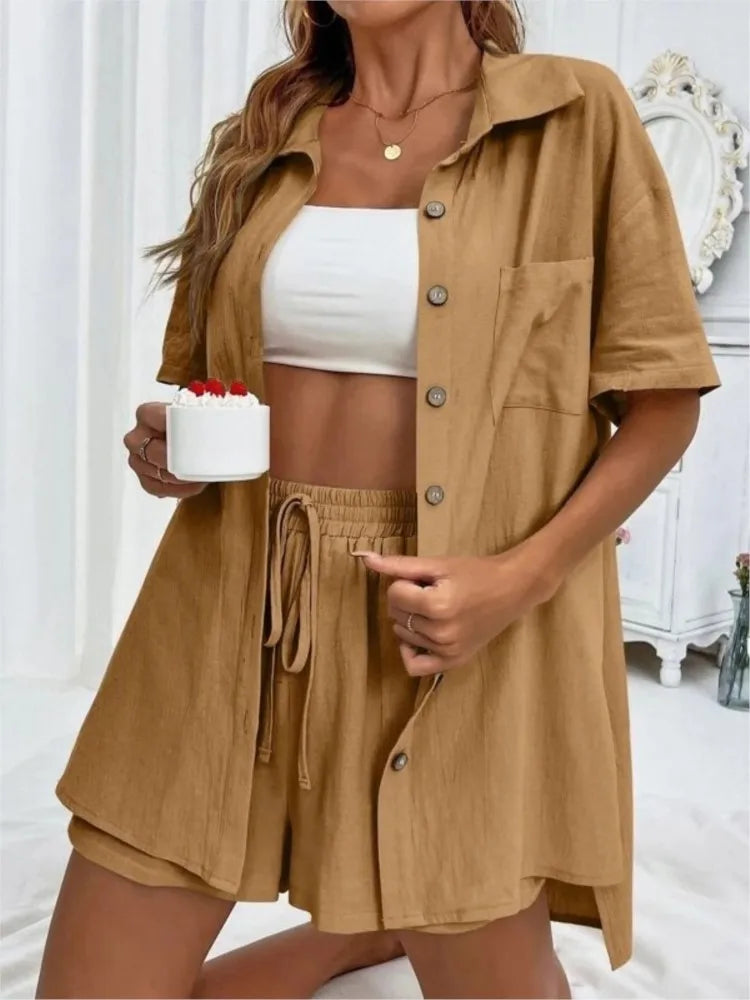 2 piece set Women's Solid Button Front Shirt & Tie Front Shorts Set