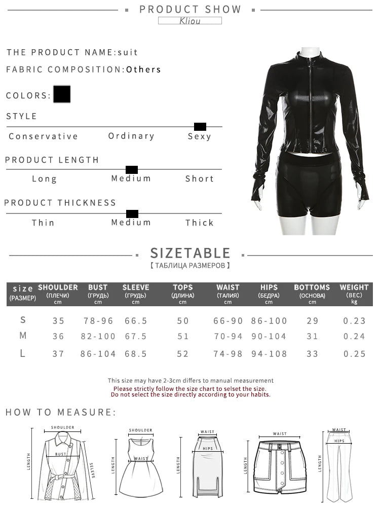 kliou Autumn Women Mini Moto Ice Silk Two Piece Set K23S34573 Full Sleeve Hole Zip-up Tops+Biker Shorts Girls Matching Outfit