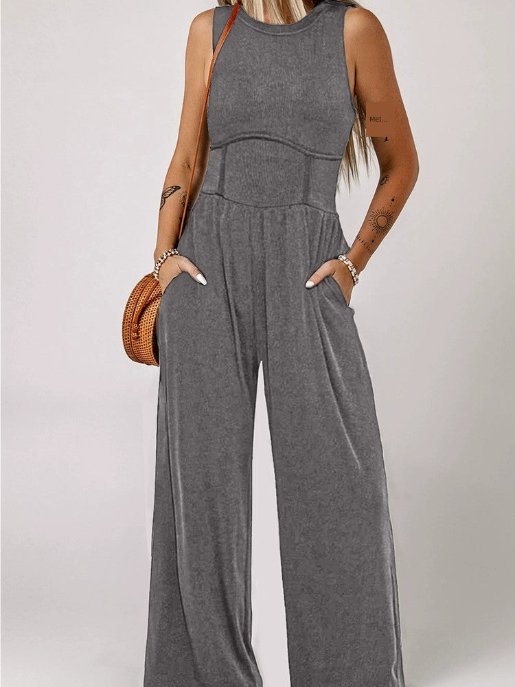 Leisure Minimalist round Neck Vest Jumpsuit for Women 2024 Summer New Arrival Waist-Tight Slimming and Straight Loose Pants Women