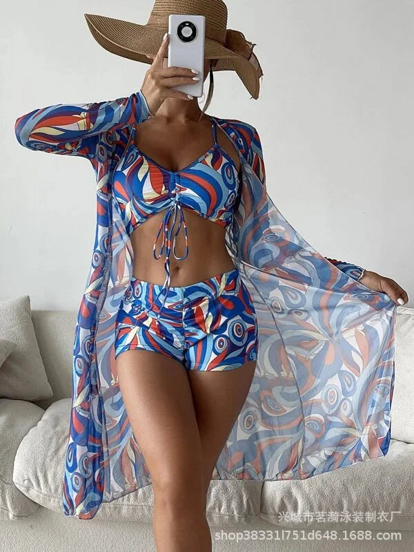 Summer Print Tankini Sets Female Swimwear Push Up for Beach Wear Three-Piece