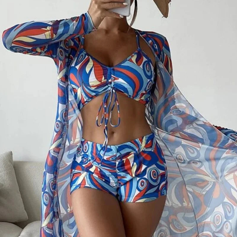 Summer Print Tankini Sets Female Swimwear Push Up for Beach Wear Three-Piece