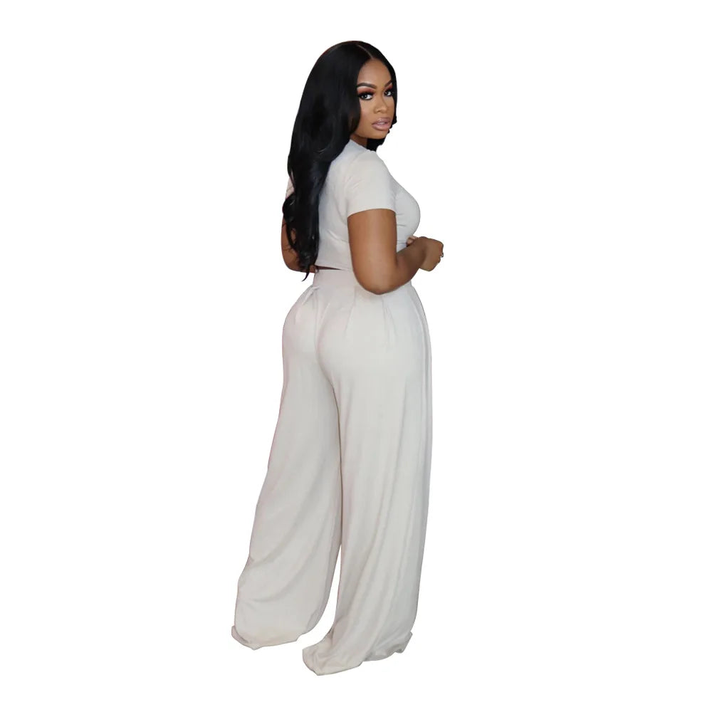2 Piece Set African Clothes Women Crop Tops Wide Leg Pants Suit Summer New Solid Streetwear Solid Tracksuit Set African Outfits