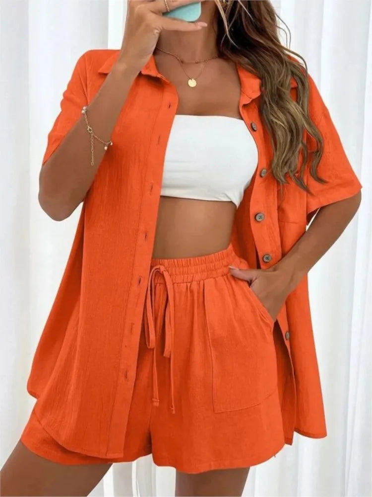 2 piece set Women's Solid Button Front Shirt & Tie Front Shorts Set