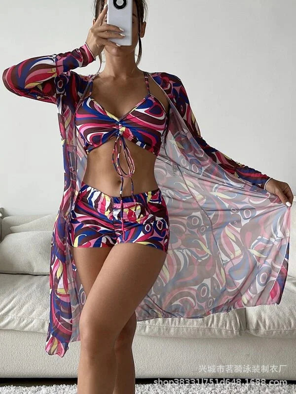 Summer Print Tankini Sets Female Swimwear Push Up for Beach Wear Three-Piece