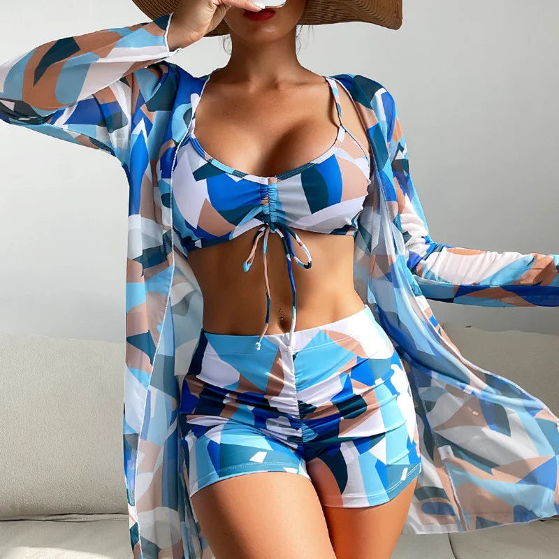 Summer Print Tankini Sets Female Swimwear Push Up for Beach Wear Three-Piece