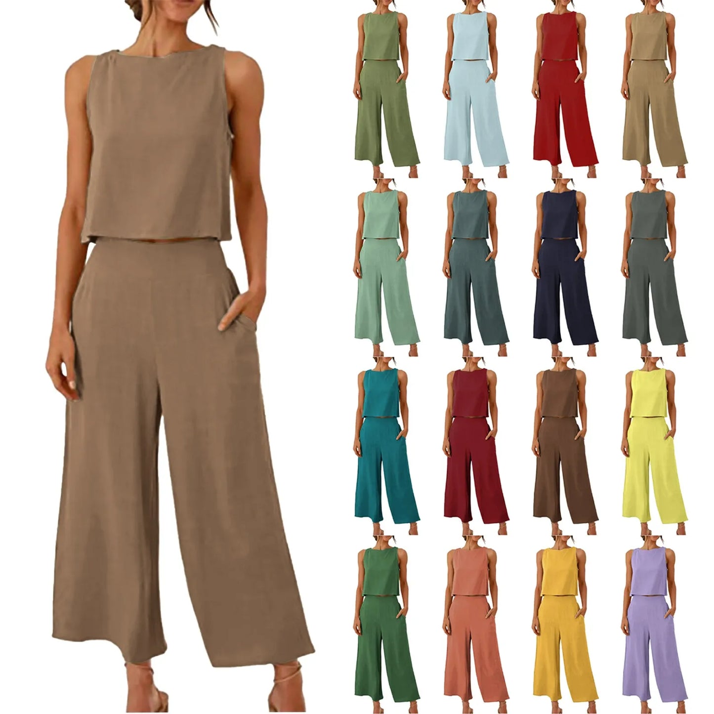 Women Summer Casual Linen 2 Piece Pants Set Solid Elegant Two-Piece Suit Sleeveless Wide Leg Trouser 2024 New In Matcing Sets