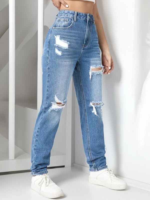 2024 trendy women's ripped denim wide leg pants