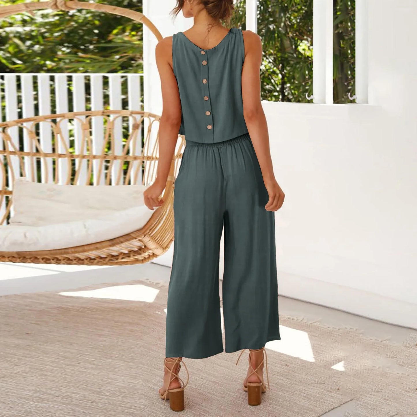 Women Summer Casual Linen 2 Piece Pants Set Solid Elegant Two-Piece Suit Sleeveless Wide Leg Trouser 2024 New In Matcing Sets