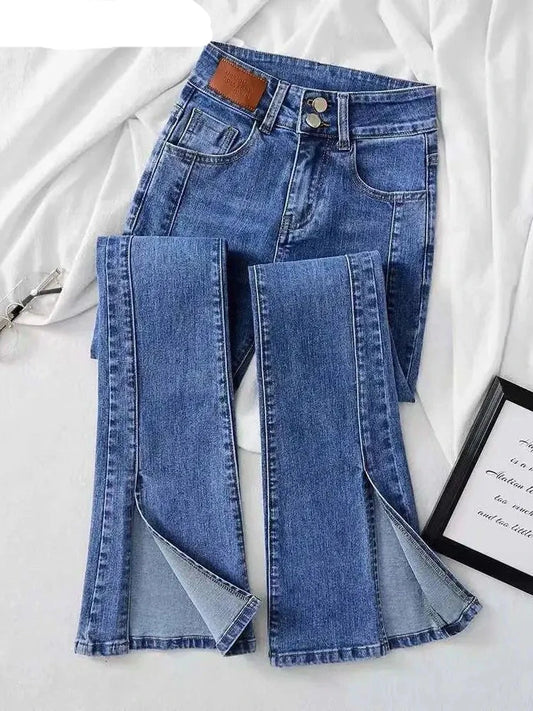 Skinny Hight Waist Split Flare Jeans Korean Streetwear Casual Stretch Denim Pants Woman Oversize 4xl Bell Bottom