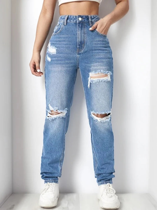 2024 trendy women's ripped denim wide leg pants