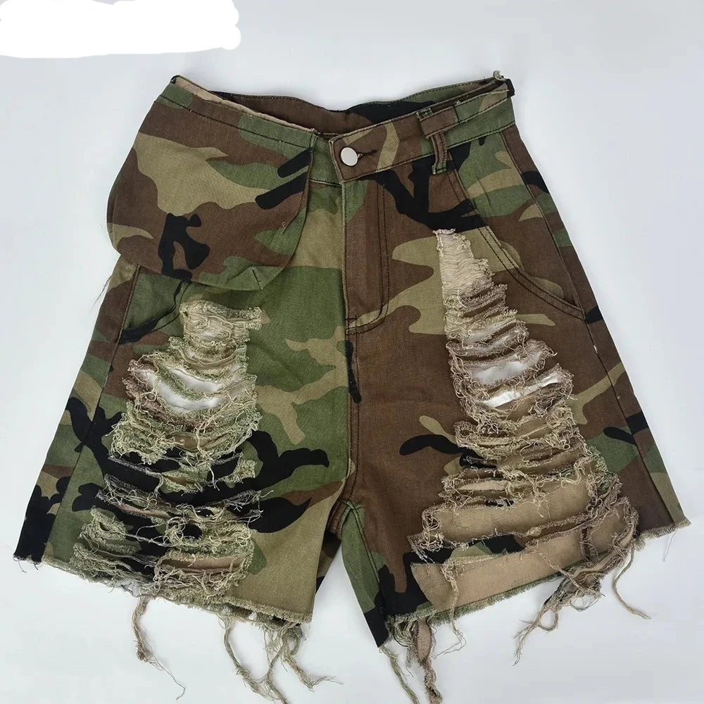 Fashion Streetwear Women Camouflage Printing Hole Shorts Casual High Waisted Button Pocket Tassels Shorts Bottoms 2023