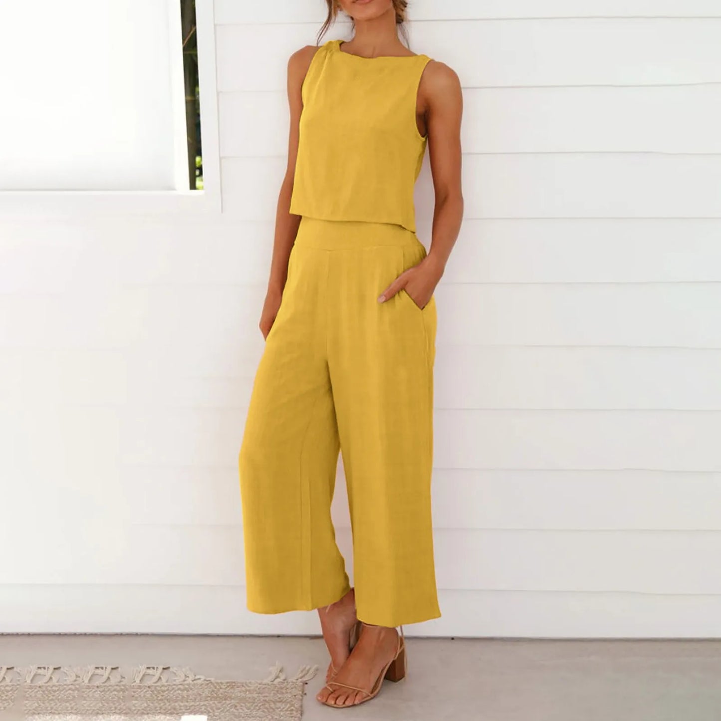 Women Summer Casual Linen 2 Piece Pants Set Solid Elegant Two-Piece Suit Sleeveless Wide Leg Trouser 2024 New In Matcing Sets