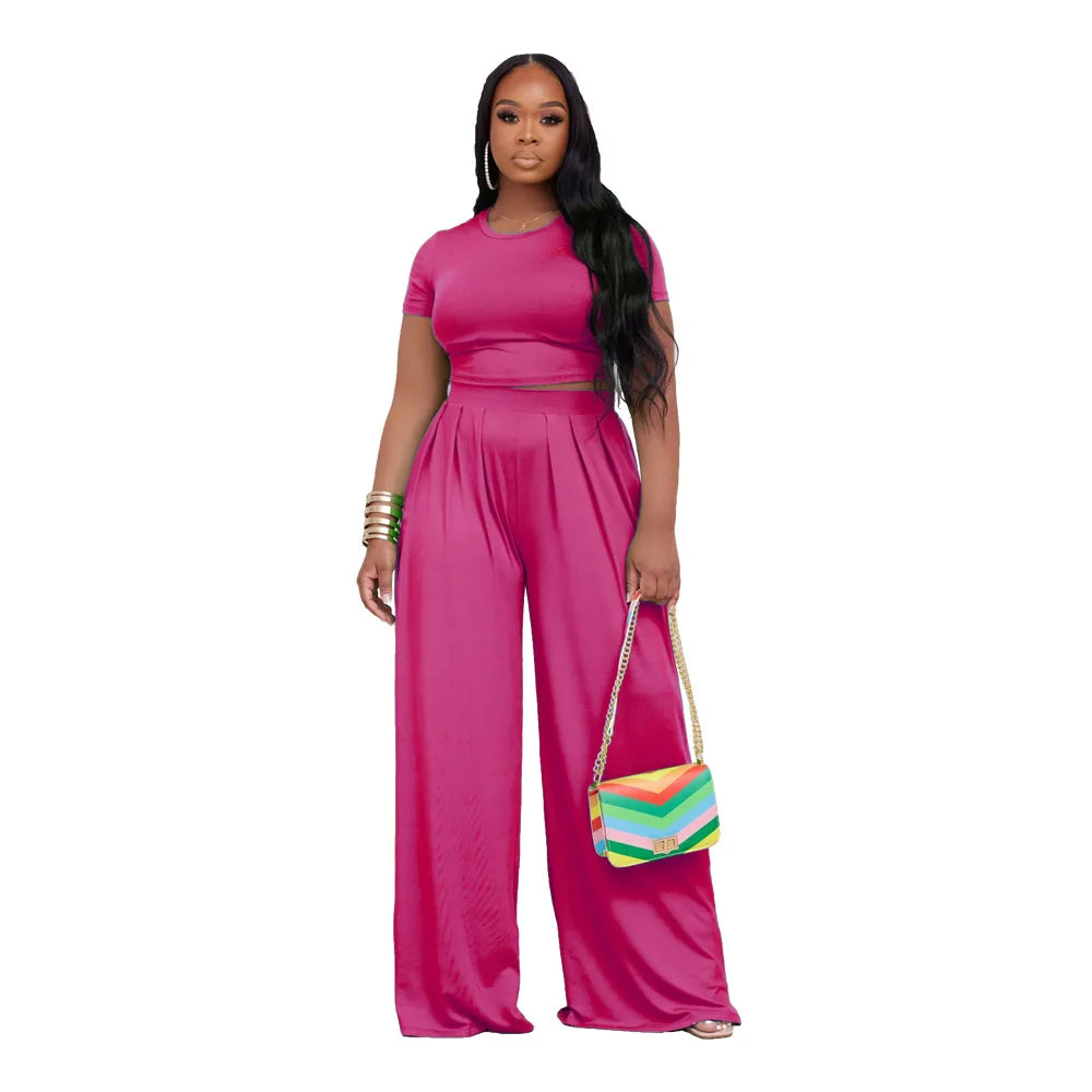 2 Piece Set African Clothes Women Crop Tops Wide Leg Pants Suit Summer New Solid Streetwear Solid Tracksuit Set African Outfits