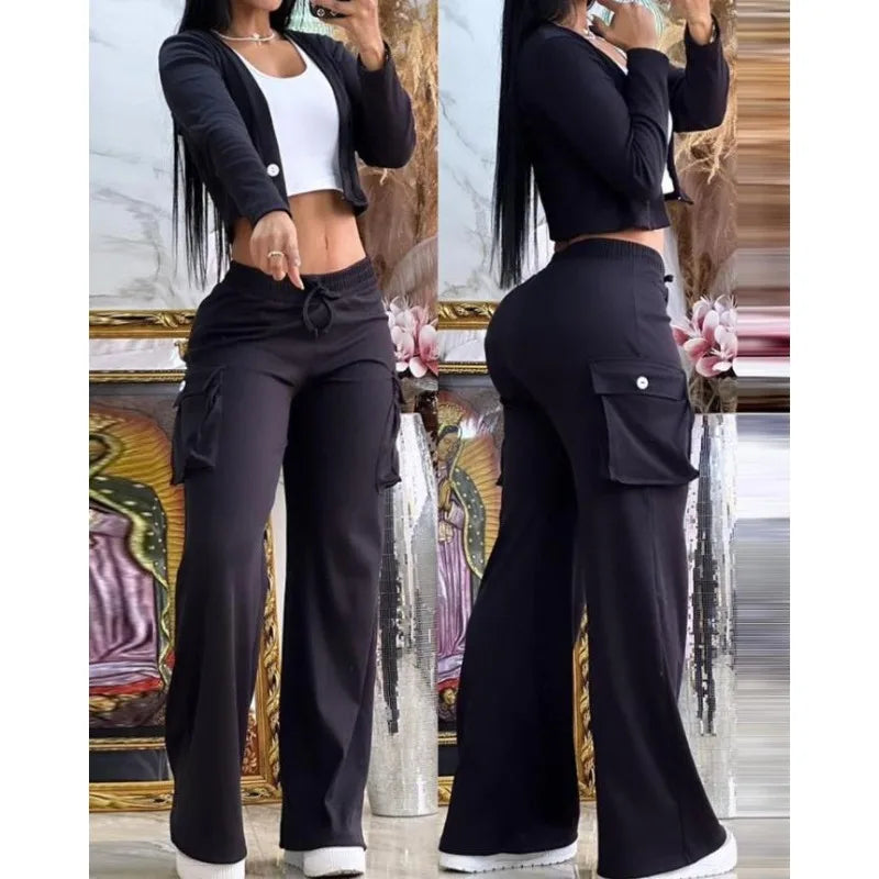 Two Piece Solid Slim Suit long Sleeve Single Button V-neck Short Coat Drawstring Mid Waist Pocket Wide-Leg Pants Suit