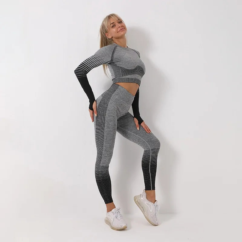 Seamless Ombre Long Sleeve Yoga Set: Women's High-Waisted Fitness Suit