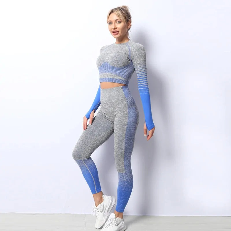 Seamless Ombre Long Sleeve Yoga Set: Women's High-Waisted Fitness Suit