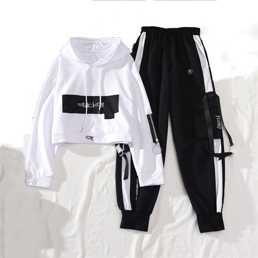 Streetwear Cargo Pants Joggers sueltos de cintura alta Top de manga larga de 2 piezas con pantalones casuales