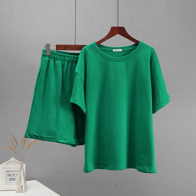 Two Pieces Short Sleeve T Shirts and High Waist Short Pants