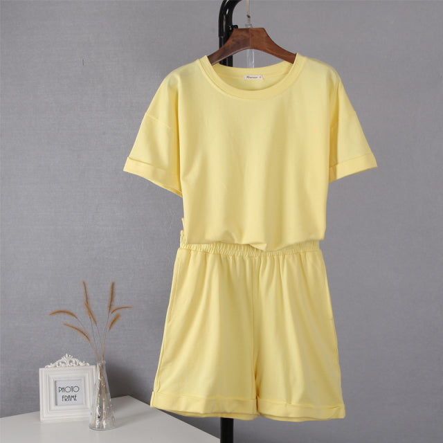 Two Pieces Short Sleeve T Shirts and High Waist Short Pants